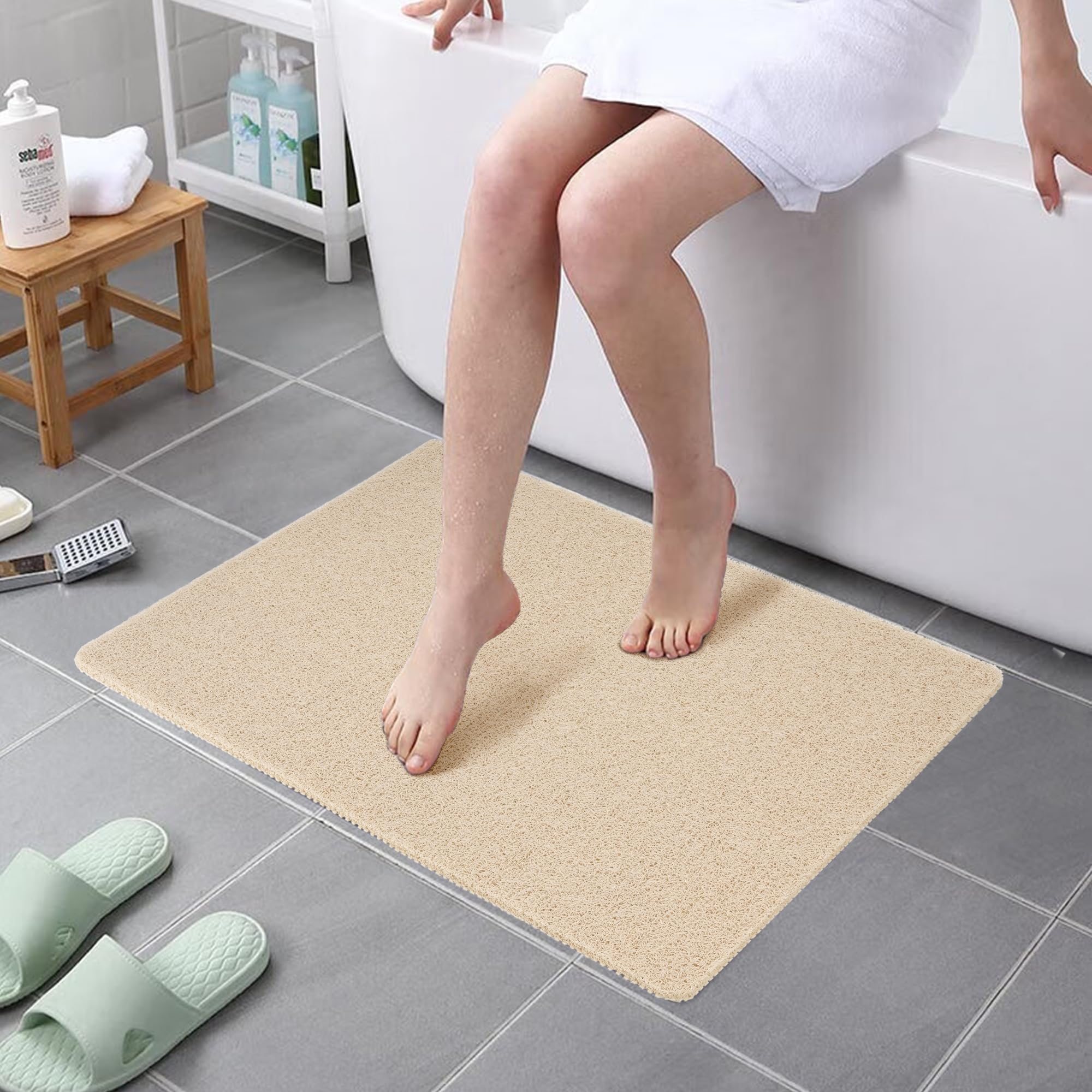 HITSLAM Shower mat Non Slip, 24 x 32 Inch Bathtub Mat Non Slip with Drain, Soft PVC Loofah Shower Bath Mat for Tub, Quick Drying Bathroom Shower Mat, Beige