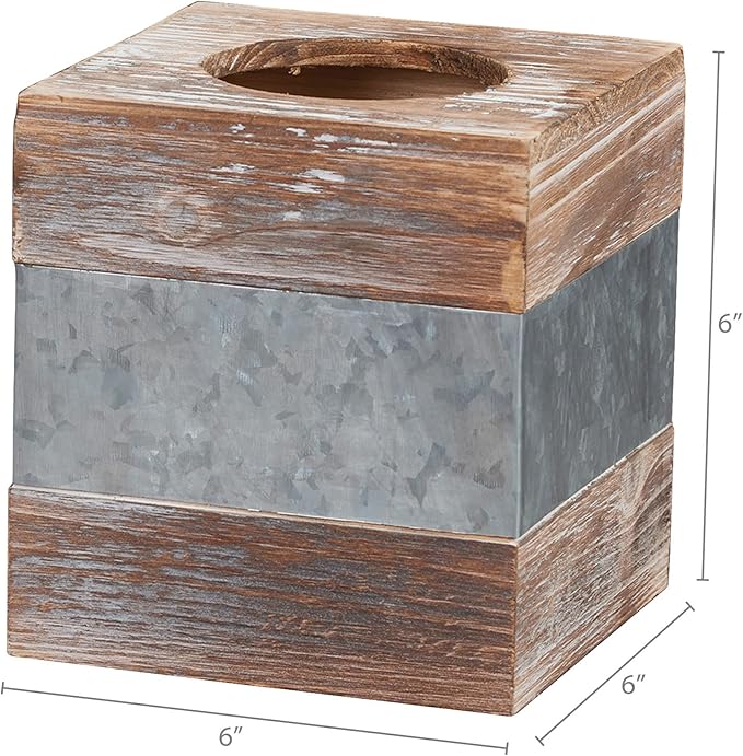 Barnyard Designs Rustic Wood and Metal Tissue Box Cover Holder, 6"x6"