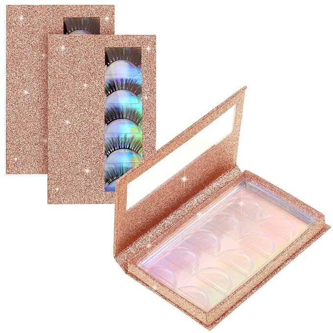 2 Packs 5 Pairs Eyelash Book Empty False Lash Storage Book Box Glitter False Eyelash Storage Case Container Makeup Display Lash Holder Portable Travel Catalog for Women, Rose Gold