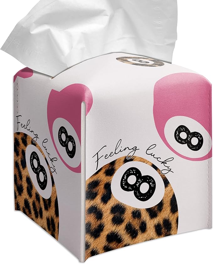 Grace Yonks Cute Tissue Box Cover Square - Leopard Print & Pink 8 Ball “Feeling Lucky” Design 5.2" PU Leather Holder for Vanity, Desk, or Bathroom Counter - Cube Case for Facial Tissues(014)