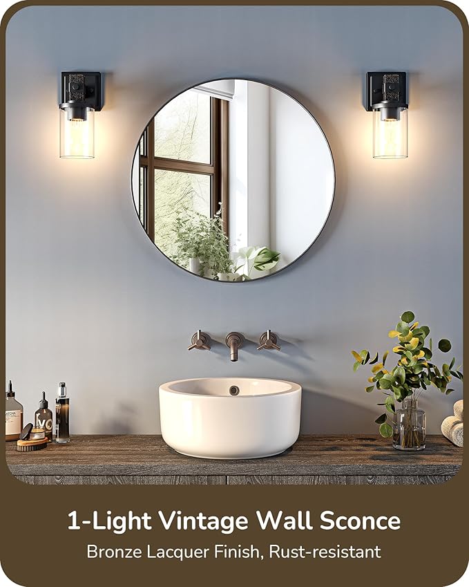 EDISHINE Vintage Bronze 1-Light Wall Sconces Set of 2, Glass Vanity Light