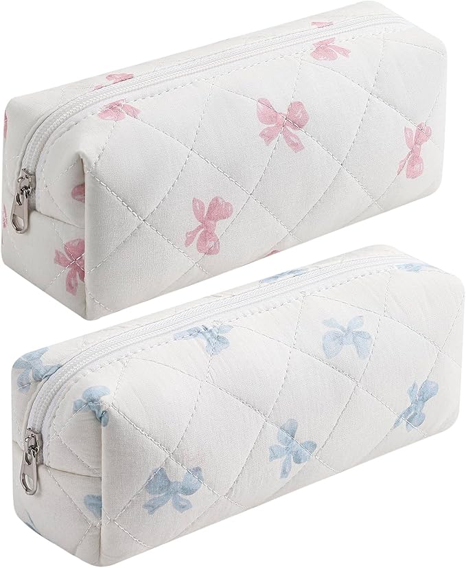 HHQQWZ Cute Floral Cotton Makeup Brush Cosmetic Bag for Women, Travel Quilted Zipper Make Up Bag, Flowers Toiletry Organizer Case Kawaii Makeup Cosmetic Travel Cloth Pouch (Pink Bow Tie+Blue Bow Tie)