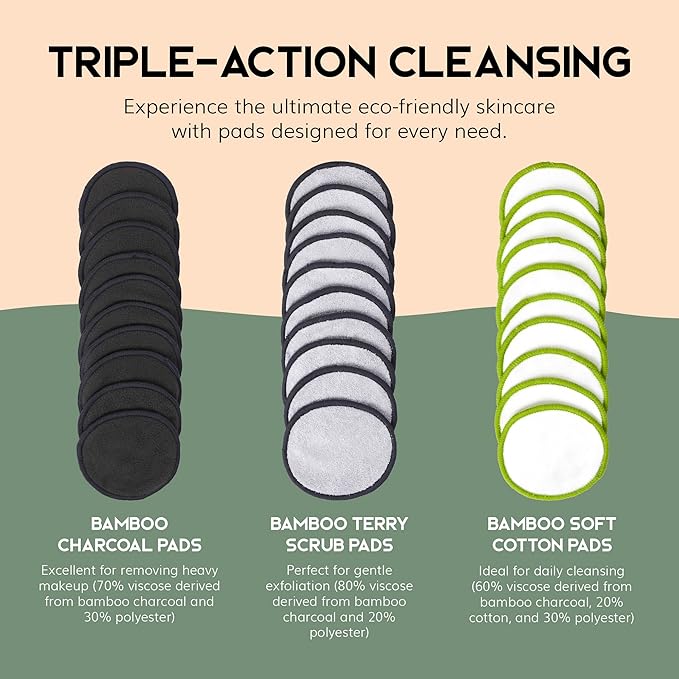 GREENZLA Reusable Makeup Remover Pads | 30 Pack | Bamboo Cotton Rounds