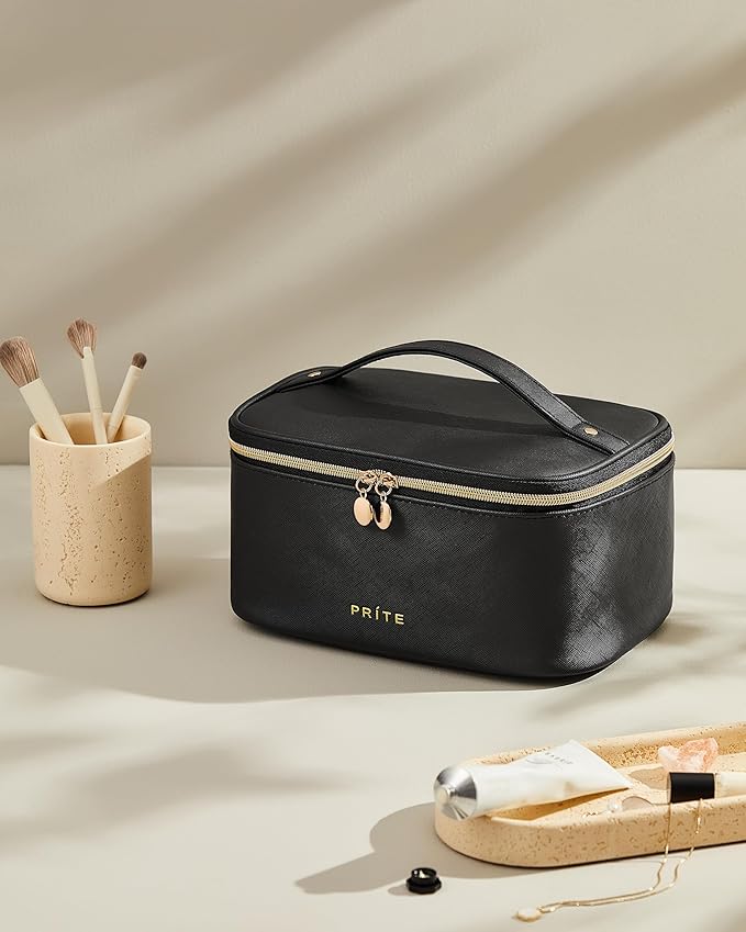 Prite Makeup Bag, Large Capacity Cosmetic Bag for Women and Girls, Waterproof PU Leather Travel Makeup Case, Toiletry Organizer with Handle and Divider for Skincare and Brushes - Black