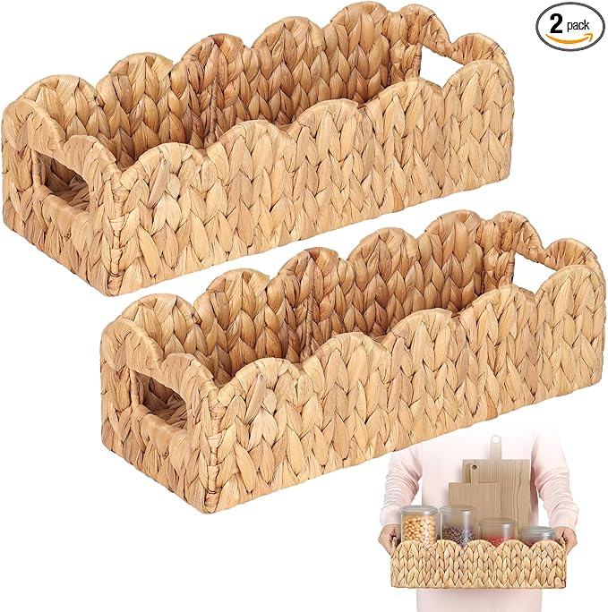 2Pcs Toilet Tank Basket for Bathroom, Handwoven Water Hyacinth Scalloped Countertop Storage Basket, Scalloped Edge Wicker rectangle Basket for Toilet Paper Baskets, Vanity, Entryway or Living Room ...