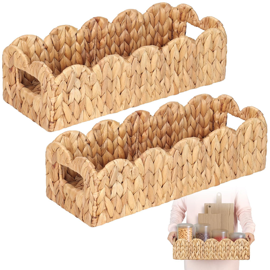 2 Pcs Handwoven Water Hyacinth Scalloped Countertop Storage Basket, Toilet Tank Basket for Bathroom, Scalloped Edge Wicker Rectangle Basket for Toilet Paper Baskets (2, Natural)