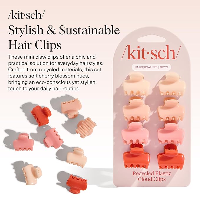Kitsch Small Hair Clips for Women and Girls – Mini Claw Clips | Hair Accessories | Daily Styling, Recycled, Cherry Blossom Design – 8pc Set