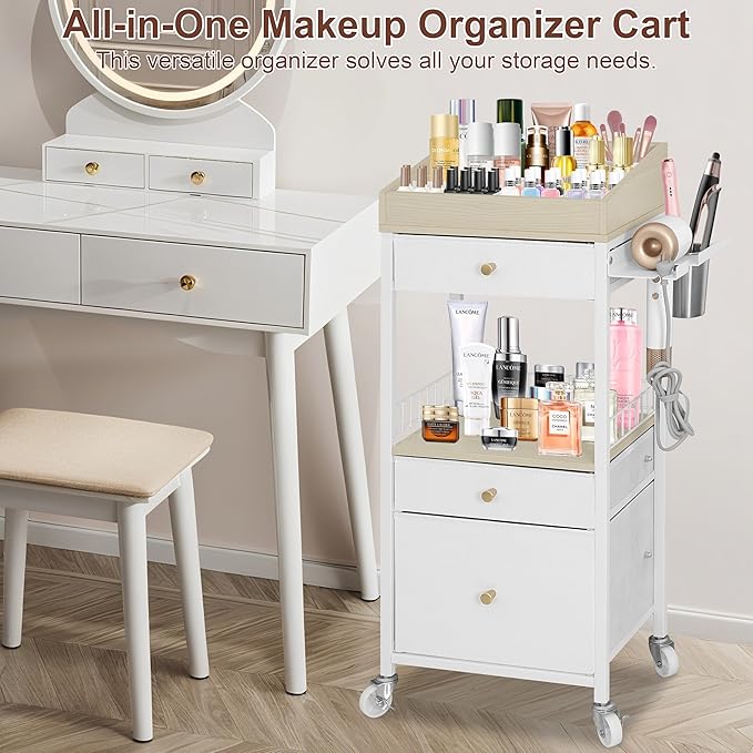NauwaBarn Makeup Organizer Cart with 3 Drawers, Large Cosmetic Organizer with Detachable Hair Tool Holder, Makeup Cabinet Cosmetic Display Cases for Skin Care Perfume Nail Polish, White & Natural