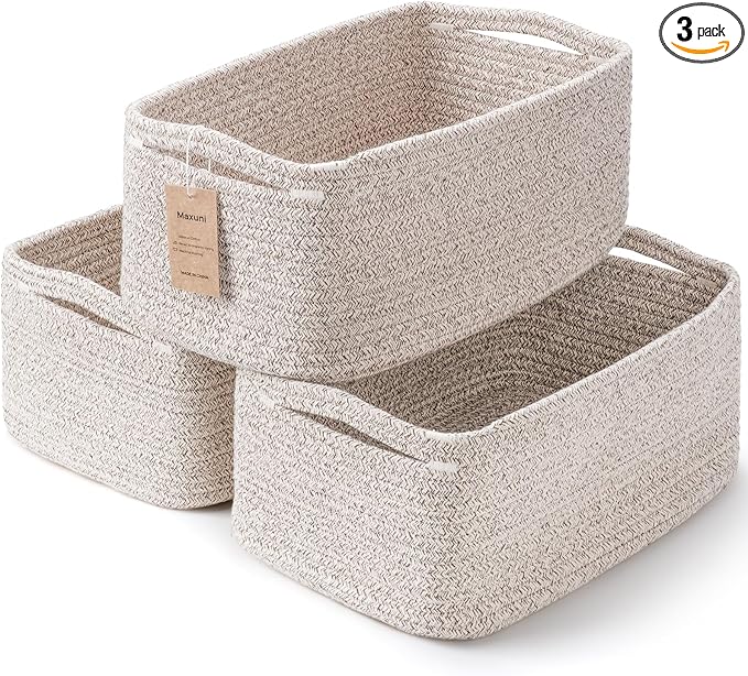 3-Pack Storage Baskets for Organizing | Woven Shelf Toy Basket | Rope Baskets for Gifts Empty | Closet Organizer Bins with Handles | Cube Decorative Box | 13.7×7.1×6.7” | Mixed brown