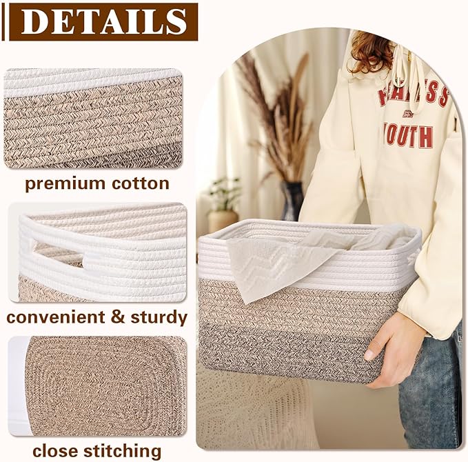 Storage Baskets for Organizing, 4 Pack Baskets for Shelves, Decorative Storage Bins for Shelves, Cotton Rope Storage Basket with Handles, Woven Basket for Storage, 13''Lx8.7''Wx7.9''H, Gradient Brown
