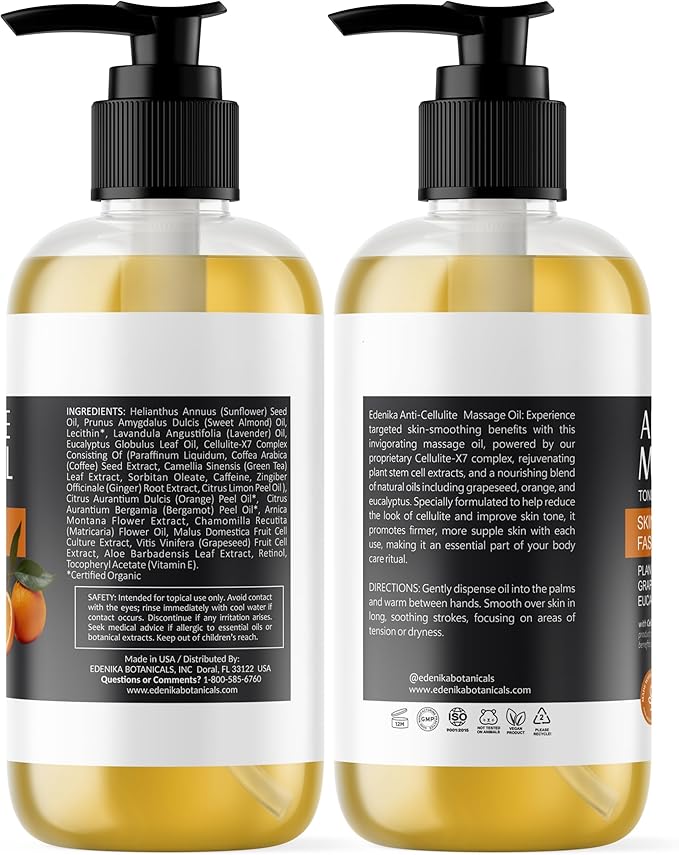 EDENIKA BOTANICALS Firming Anti Cellulite Massage Oil, Grapeseed Oil, Caffeine, Plant Stem Cells & Retinol, Supports Tighter, Smoother-Looking Skin on Body, Legs, Thighs & Buttocks, 8 Fl Oz