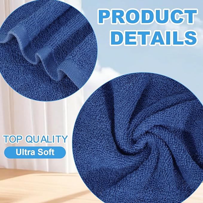 12 Pack 100% Cotton Wash Cloth, 12x12 Inch Highly Absorbent and Soft Feel Fingertip Towels, Machine Washable Washcloths for Bathroom, Gym, Hotel, Spa and Kitchen, Blue