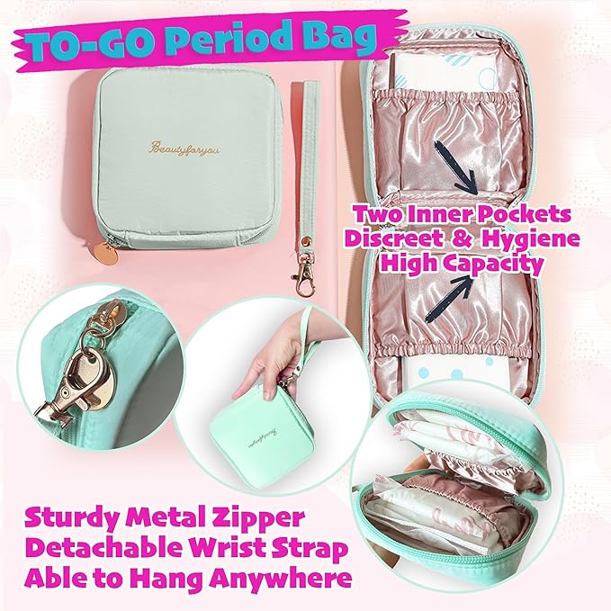First Period kit for Girls | 23 PC Period Packs for Young Girls First Time | First Period Gift for Teen Girls with Sanitary Pad Storage Bag, Wipes, Bracelet, Eye Mask, Socks and More(Mint)