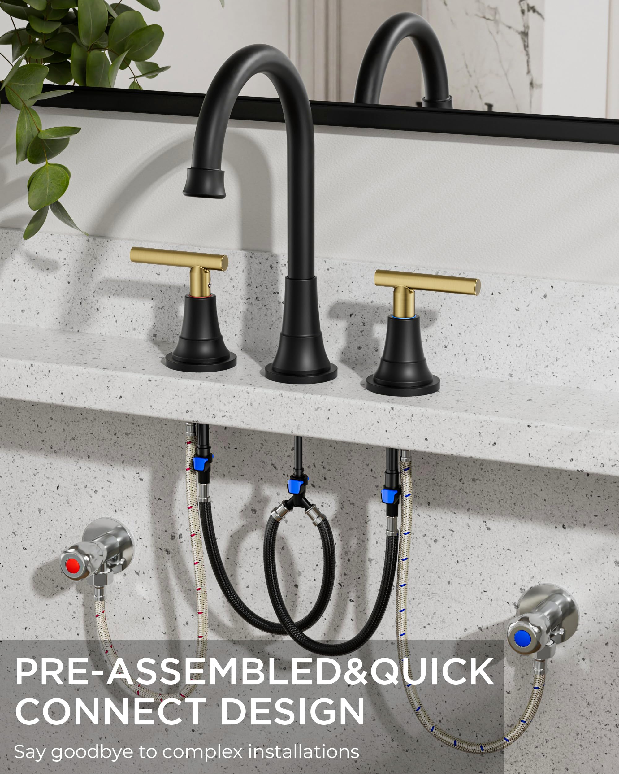 FORIOUS 8 Inch Widespread 3 Hole Bathroom Faucet Black and Gold, Mix Color