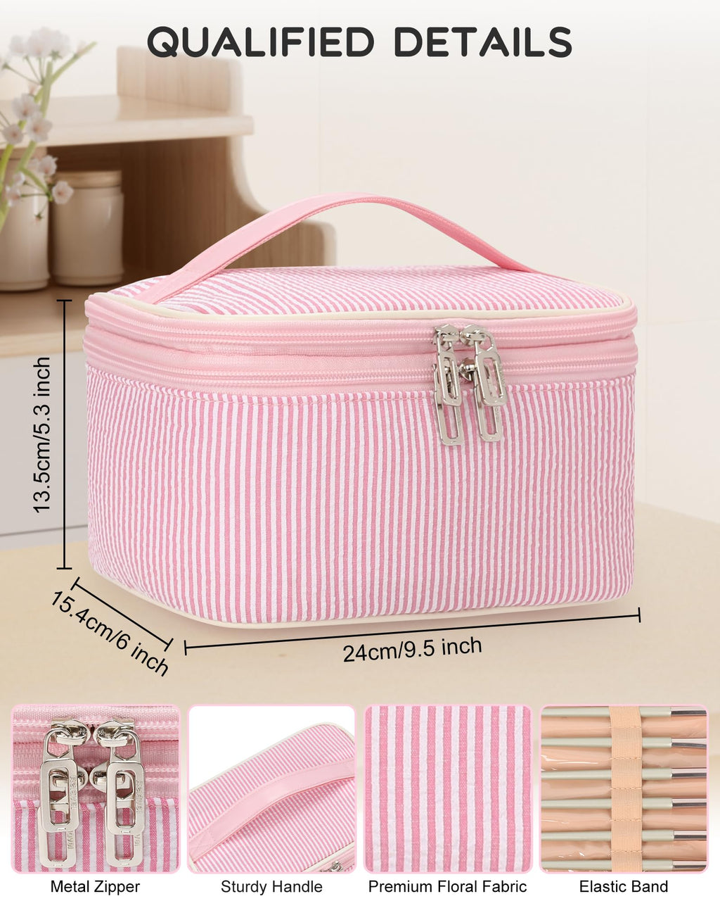Relavel Large Makeup Bag, Portable Pink Cosmetic Bag for Girls, Dual-layer Makeup Pouch with Brush Holder, Multi-Functional Preppy Toiletry Organizer for Travel, Daily Use - Pink Strip