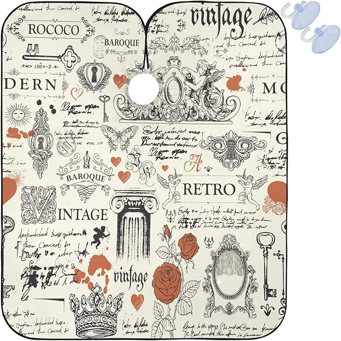 visesunny Barber Cape Vintage Style Red Rose And Art Object Polyester Hair Cutting Salon Cape Apron Anti-Static Haircut Water-Resistant Shaving Cloth Beard Shaving Bib Hairdressing Cape