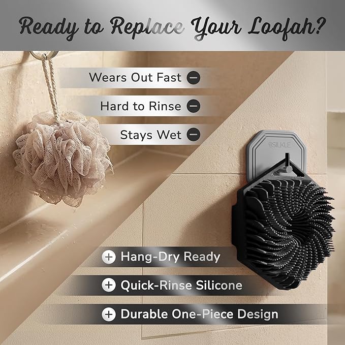 Silicone Body Scrubber – Gentle Exfoliating Shower Scrubber for Body & Bath, Silicone Shower Brush & Loofah Alternative – Non-Slip Silicone Body Brush, Quick Dry, Hygienic - Black
