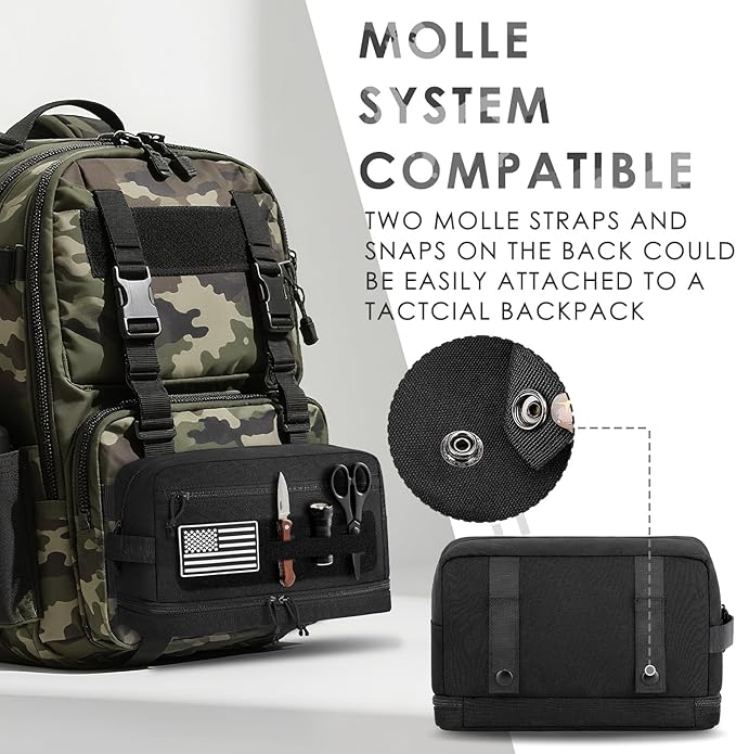 Tactical Toiletry Bag for Men, Travel Hygiene Bag with Double-layer, Large Capacity Hanging Toiletry Bags Water-Resistant Shaving Dopp Kit with EDC Molle Pouches, Bathroom Shower Makeup Bag, Black, L