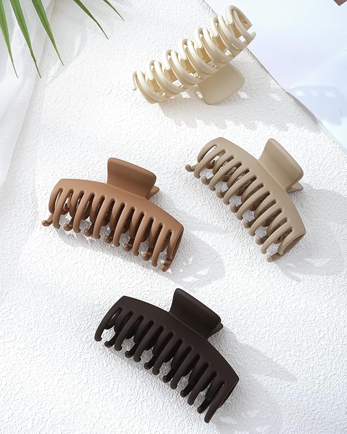 Mesovor 4 Pack Double Row Teeth Hair Claw Clips, 3.5" Large Strong Hold Matte Hair Clips for Thin and Short Fine Hair Accessories (Brown Neutral Matte)