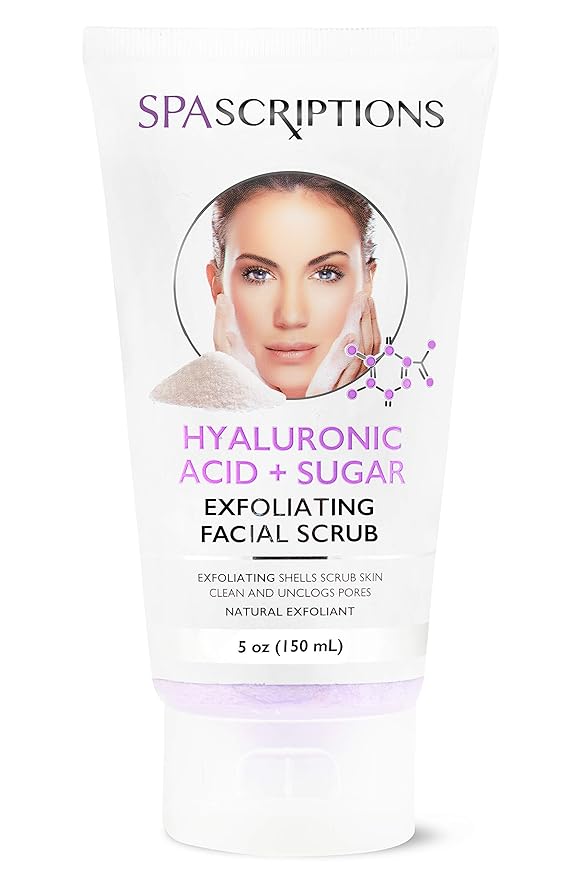 SpaScriptions Hyaluronic Acid Exfoliating Facial Scrub with Sugar Hydrating Face Scrub and Deep Cleansing Polish with Natural Walnut Shells for Dry Skin Dull Texture Blackheads and Pores - 5 oz