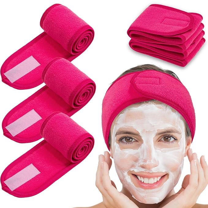 Whaline Spa Facial Headband 4 Packs Head Wrap Terry Cloth Headband Adjustable Stretch Towel Band for Bath, Makeup and Sport (Rose Red)