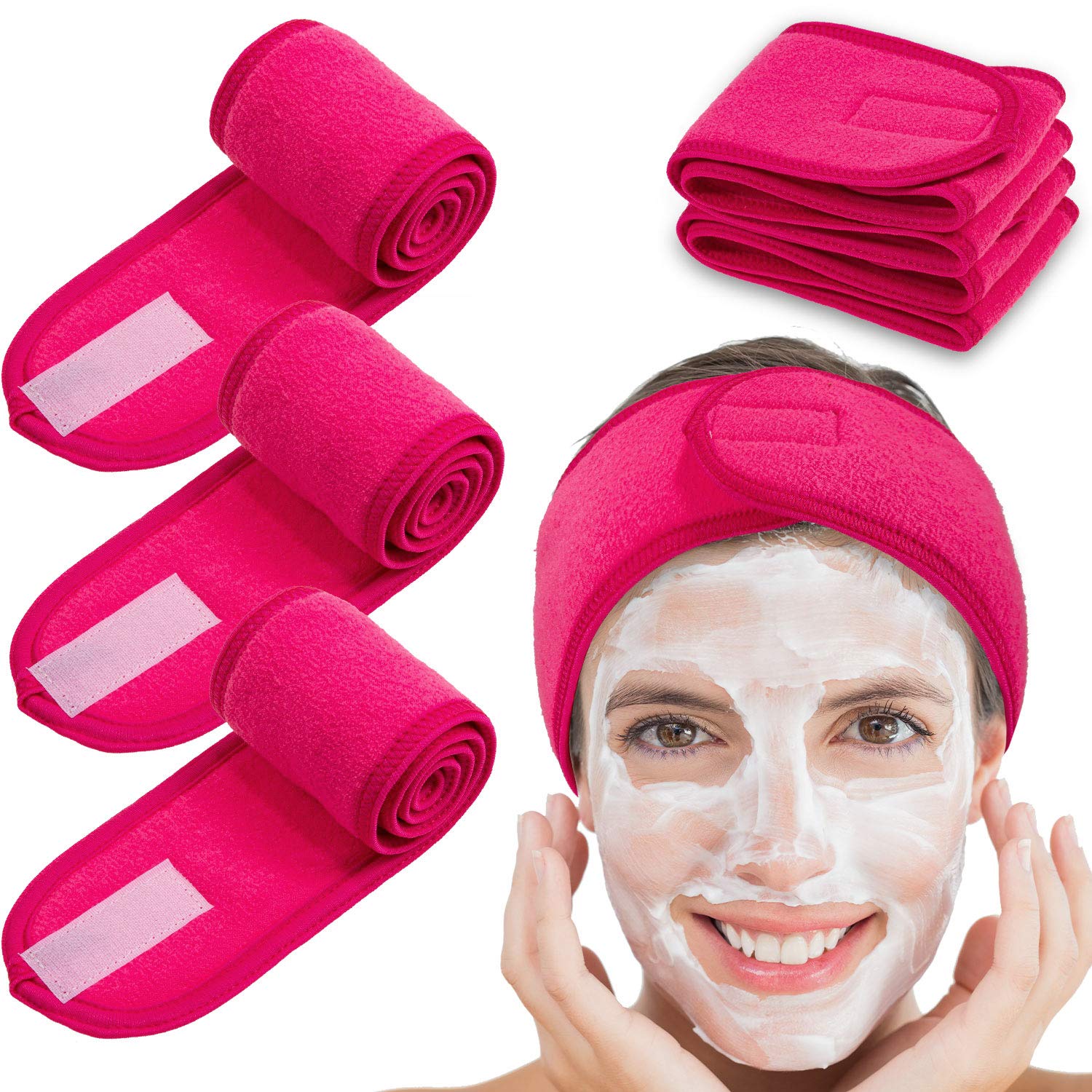 Whaline Spa Facial Headband 4 Packs Head Wrap Terry Cloth Headband Adjustable Stretch Towel Band for Bath, Makeup and Sport (Rose Red)