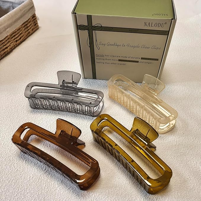 Nalodu 5 Inch Large Hair Claw Clips, No Slip Glossy Jelly Square XL Clips for Thick Long Curly Hair, Women's Big Rectangle Strong Clips, 4 Pack