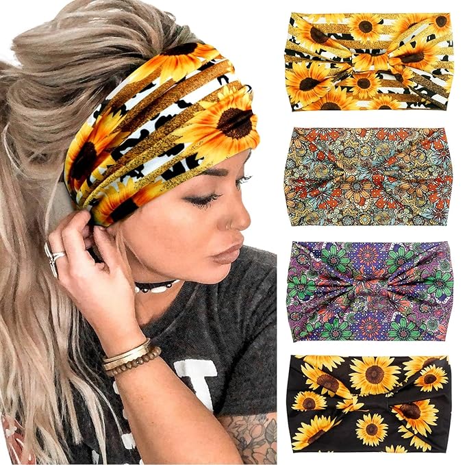 Huachi 4 Packs Boho Headbands for Women Wide Sunflower Thick Head Bands for Women's Hair Flower Printed Elastic Hairbands Large African Sport Yoga Turban Headband Hair Accessories (Pack of 4)