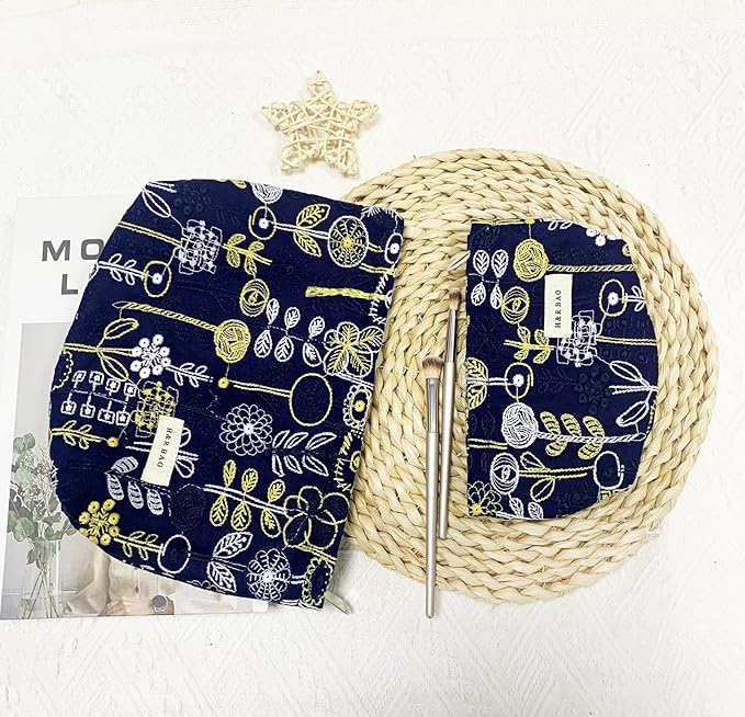 getgto 2 Pcs Makeup Bags, Large Cosmetic Bag Travel Toiletry Bag Organizer for Women, Embroidery Craft, Floral Makeup Bag Small Cosmetic Pouch Purse with Zipper, Gifts for Girls Teen (Blue-tree)