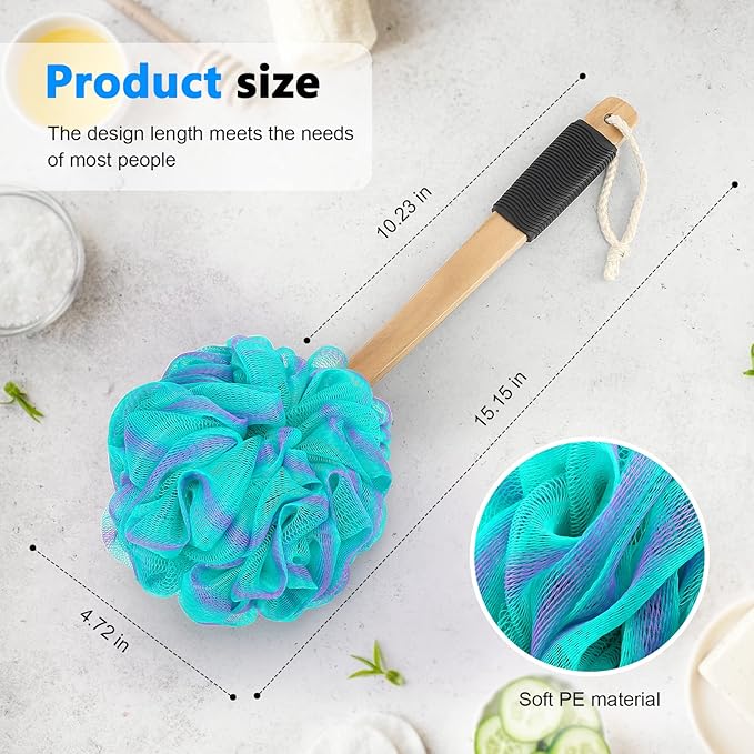 FORENEE Green and Purple Loofah on a Stick, PE Mesh Back Scrubber