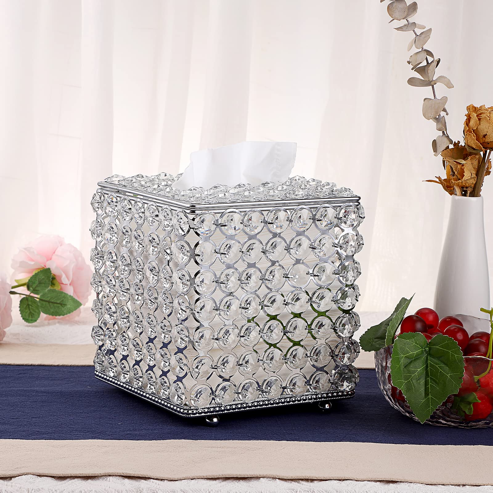 Sumnacon Crystal Square Tissue Box Cover - Decorative Tissue Box Holder, Sparkling Cube Tissue Holder for Bathroom Dresser Night Stand Table Car Store Office Home Decor, Silver