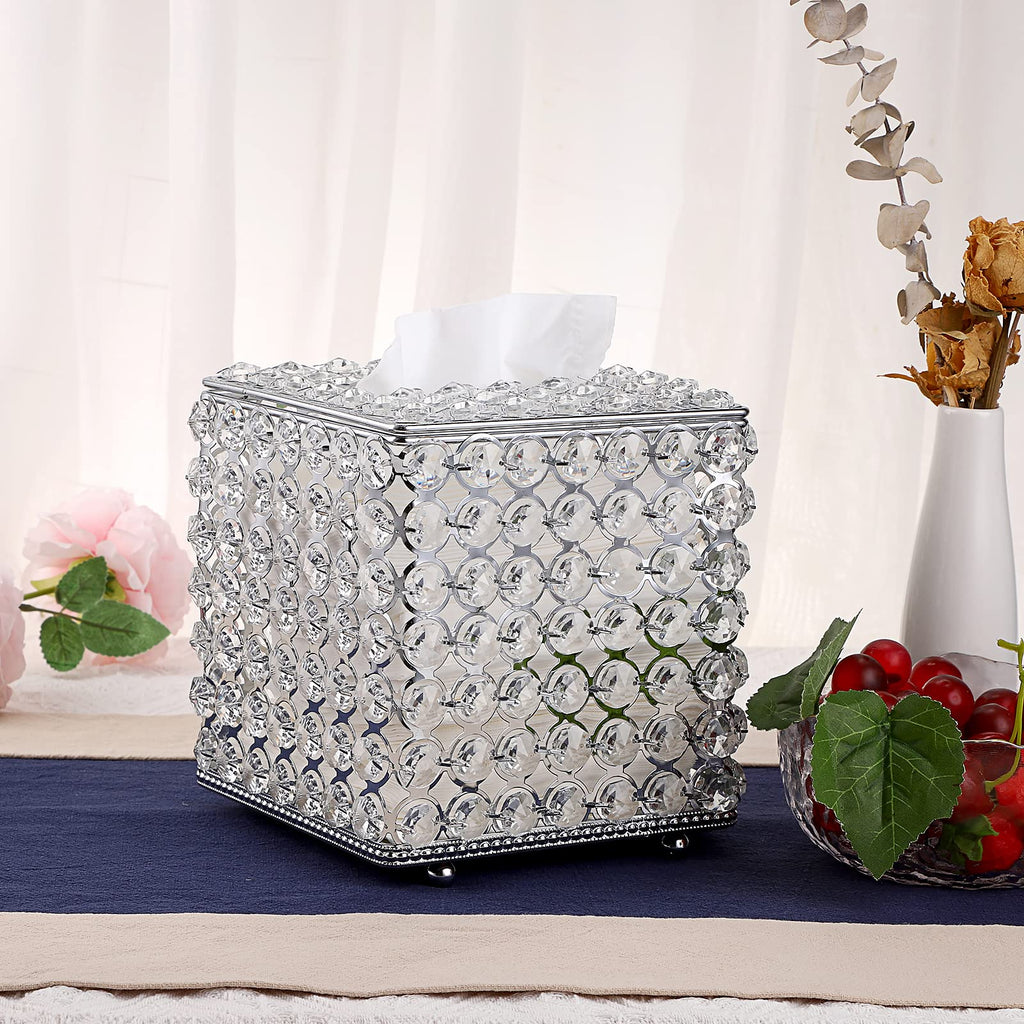 Sumnacon Crystal Square Tissue Box Cover - Decorative Tissue Box Holder, Sparkling Cube Tissue Holder for Bathroom Dresser Night Stand Table Car Store Office Home Decor, Silver