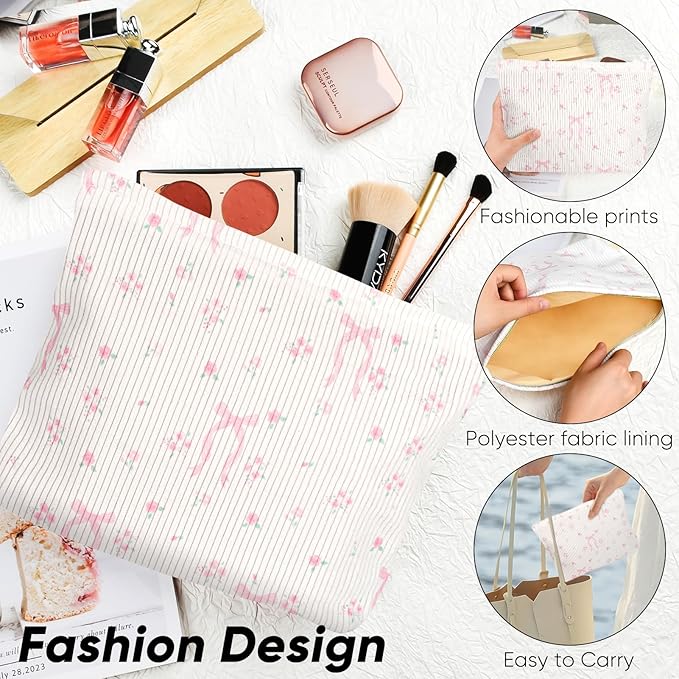 Ksriylm Cute Makeup Pouch for Women Flower Small Make Up Bag for Purse Zipper Initial Cosmetic Bags Pouches for Purse Aesthetic Travel Toiletrybags,Pink Bow Rose Floral
