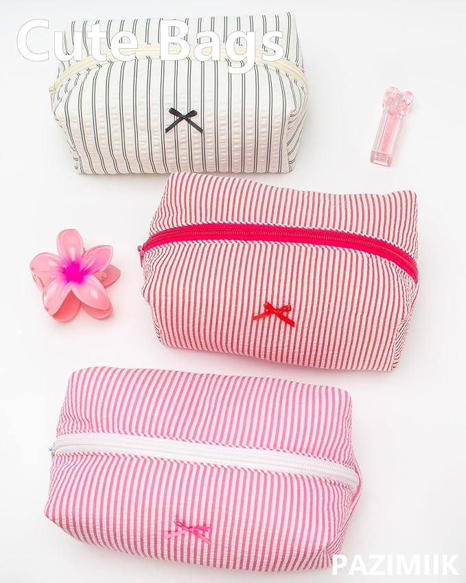 PAZIMIIK Cozy Makeup Bag for Women,Zipper Cosmetic Pouch,Stripe Red,6 Pack