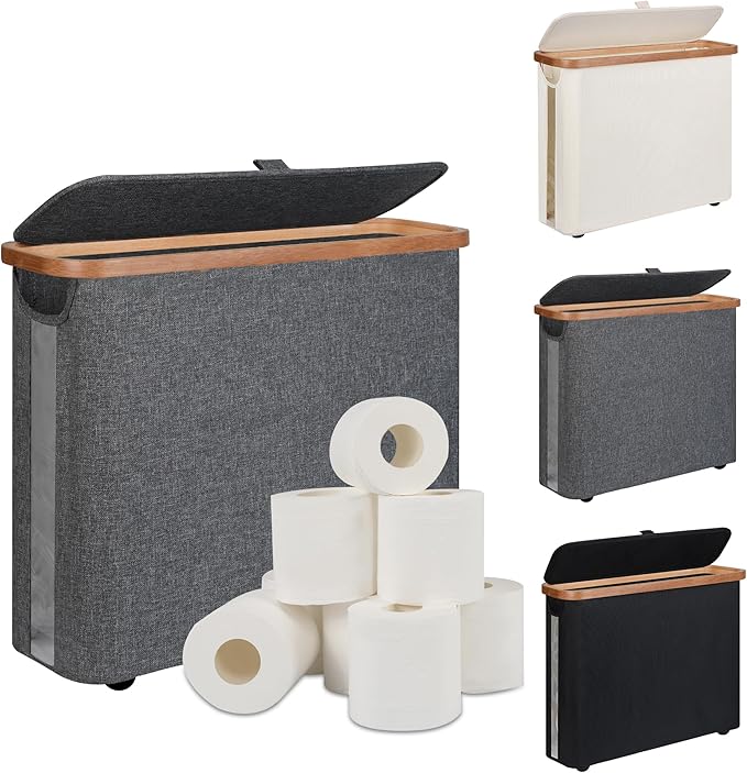 Toilet Paper Storage Basket with Lid - The Ultimate Bathroom Organizer, Free Standing Toilet Paper Holder for Up to 9 Mega Rolls, Toilet Tissue Storage Bin with Handle for RV Closet, Grey