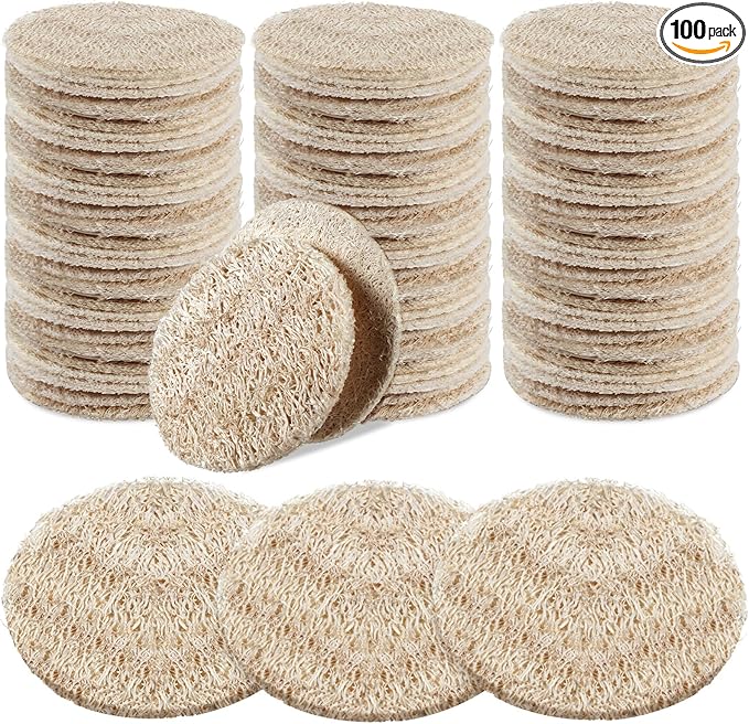 Bokon 100 Pcs Loofah Exfoliating Face Pads 2.36 Inches Round Natural Loofah Sponge Body Face Scrubber Remove Dead Skin Facial Pad Bulk for Bath Shower Spa Skin Cleaning Women Men (Beige)