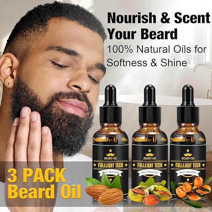 Beard Kit Gifts for Men, 3 Natural Beard Oil, Gently Soothes Itch & Dryness