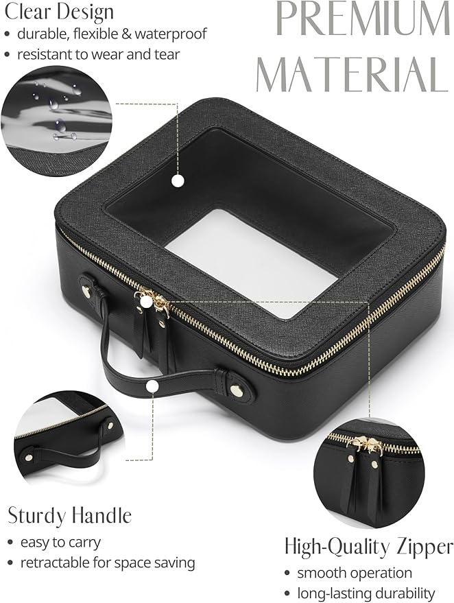 Popvibe Clear Makeup Case Set Black Toiletry Bag Travel Large Clear Cosmetic Bag with Zipper, Big Make Up Bag Organizer Women Traveling TSA Approved Transparent Bag Car for Essentials