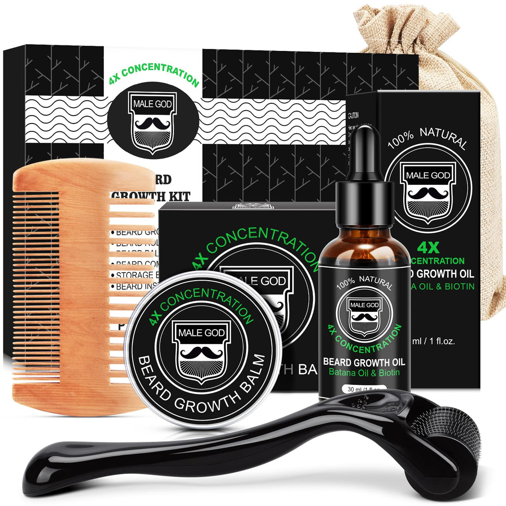 MALE GOD Beard Kit, Beard Growth Kit w/Natural Ingredients Beard Oil & Balm & Comb, Beard Growth Oil w/4X Thickening Biotin, Fathers Day | Chrismtas | Birthday Gifts for Men Him Husband Boyfriend Dad
