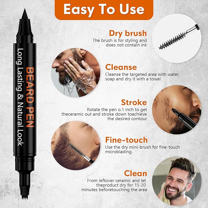 3-Pack Beard Pen Filler for Men, Waterproof & Sweat Proof Long-Lasting Beard Pen Kit with 2 Fillers & 1 Double-Headed Brush – Effectively Enhances Facial Hair (Brown)