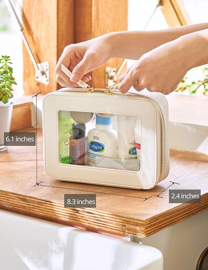 Popvibe Clear Makeup Case White Toiletry Bag Travel Medium Clear Cosmetic Bag with Zipper, Small Make Up Bag Organizer Traveling TSA Approved Transparent Bag Car for Essentials