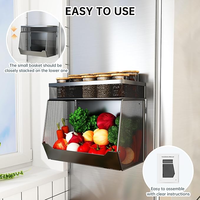 Magnetic Shelf for Fridge 2-Tier Baskets - Fruit Potato Onion and Vegetable Storage Bins, Magnetic Spice Rack For Refrigerator, Heavy Duty Fridge Organizer For Refrigerator, Kitchen Counter, Cabinet