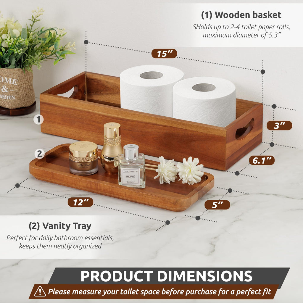 DEMIGO Toilet Tank Topper & Vanity Tray, Natural Acacia Wood Decor Set