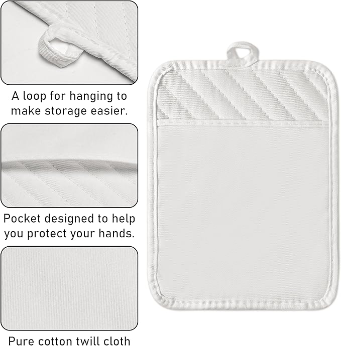 GROBRO7 6Pcs Cotton Oven Mitts and Pot Holders Set Heat Resistant Hot Pads Machine Washable BBQ Gloves with Hanging Loop Durable Pocket Pot Holder for Kitchen Baking Grilling Cooking White