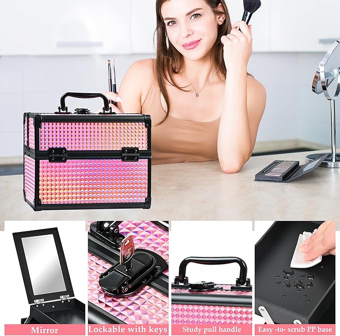 GALHUBIS Makeup Case Organizer,Makeup Train Case, Trays Cosmetic Box Portable, Profesional for Salon Barber,Black Bright Pink