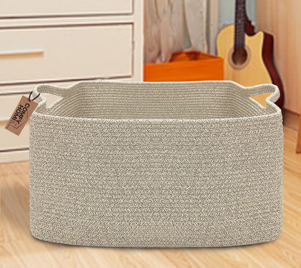 COMFY-HOMI Large Rectangular Blanket, Cotton Rope Woven for Storage, LaundryHamper, Storage,Toy Organizing Bin with Handle, Organizer and Storage-22x15x12-