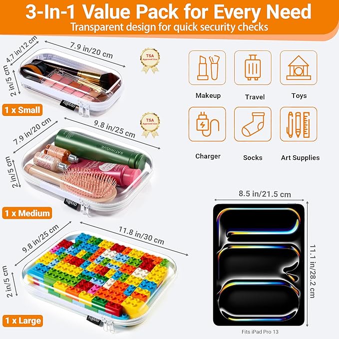 YQBRAO Clear Hard Shell Organizer Cases, Multi-Size (L, M & S), 3-Pack