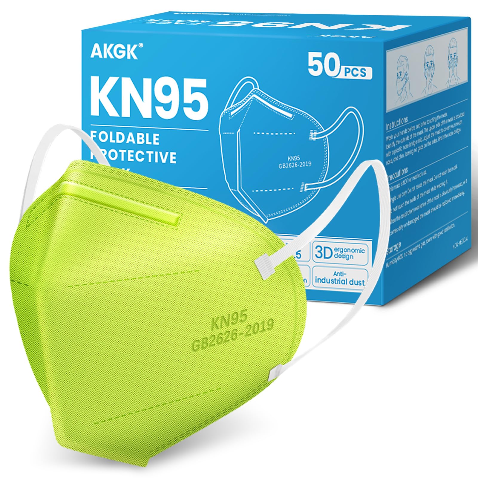 Akgk KN95 Face Mask 50 PCS, Breathable Protection 5-Ply Green Masks, Cup Dust Safety