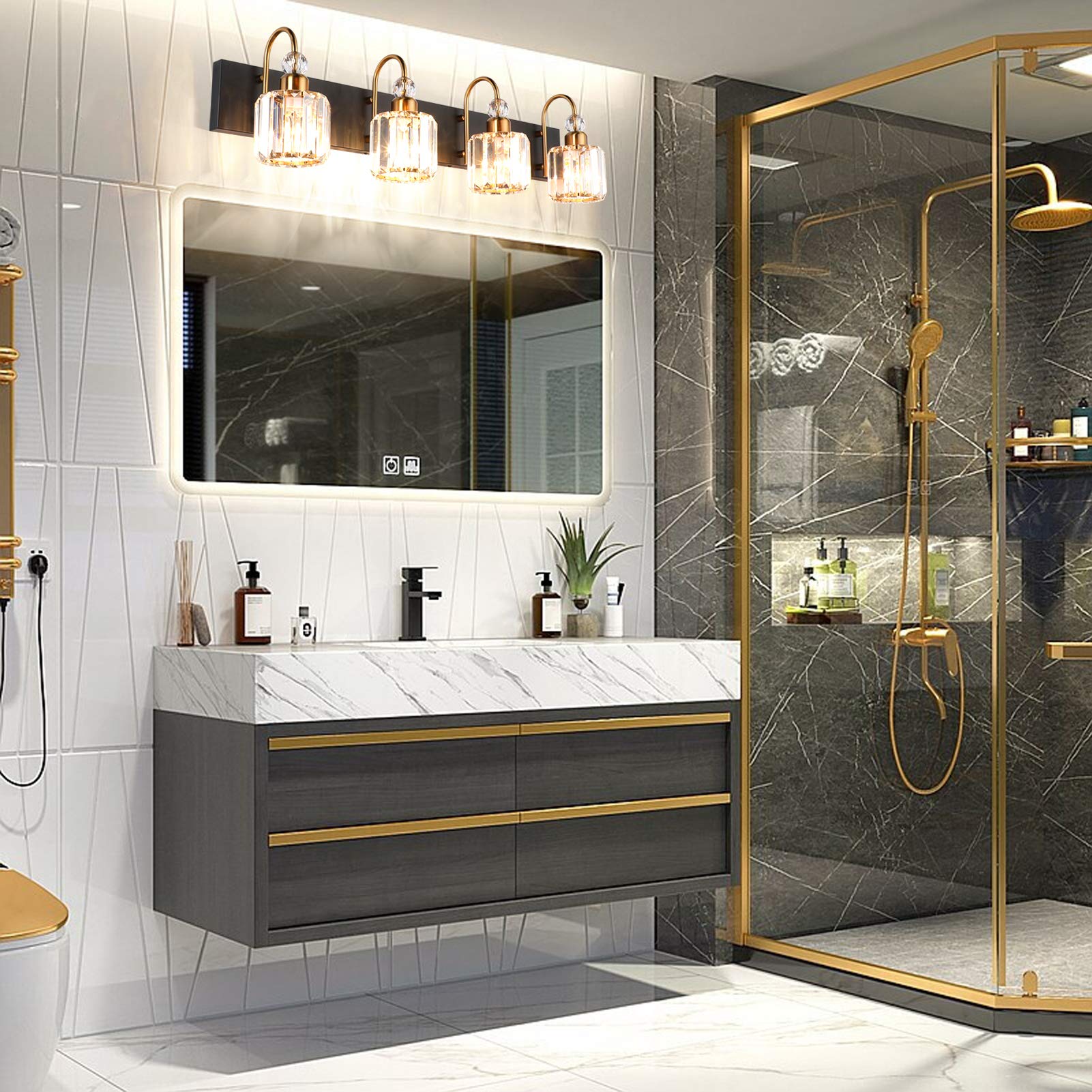 Ralbay LED Modern Vanity Lights Fixtures 4 Lights Black Vanity Lights Crystal Modern Matte Black Vanity Lights for Bathroom