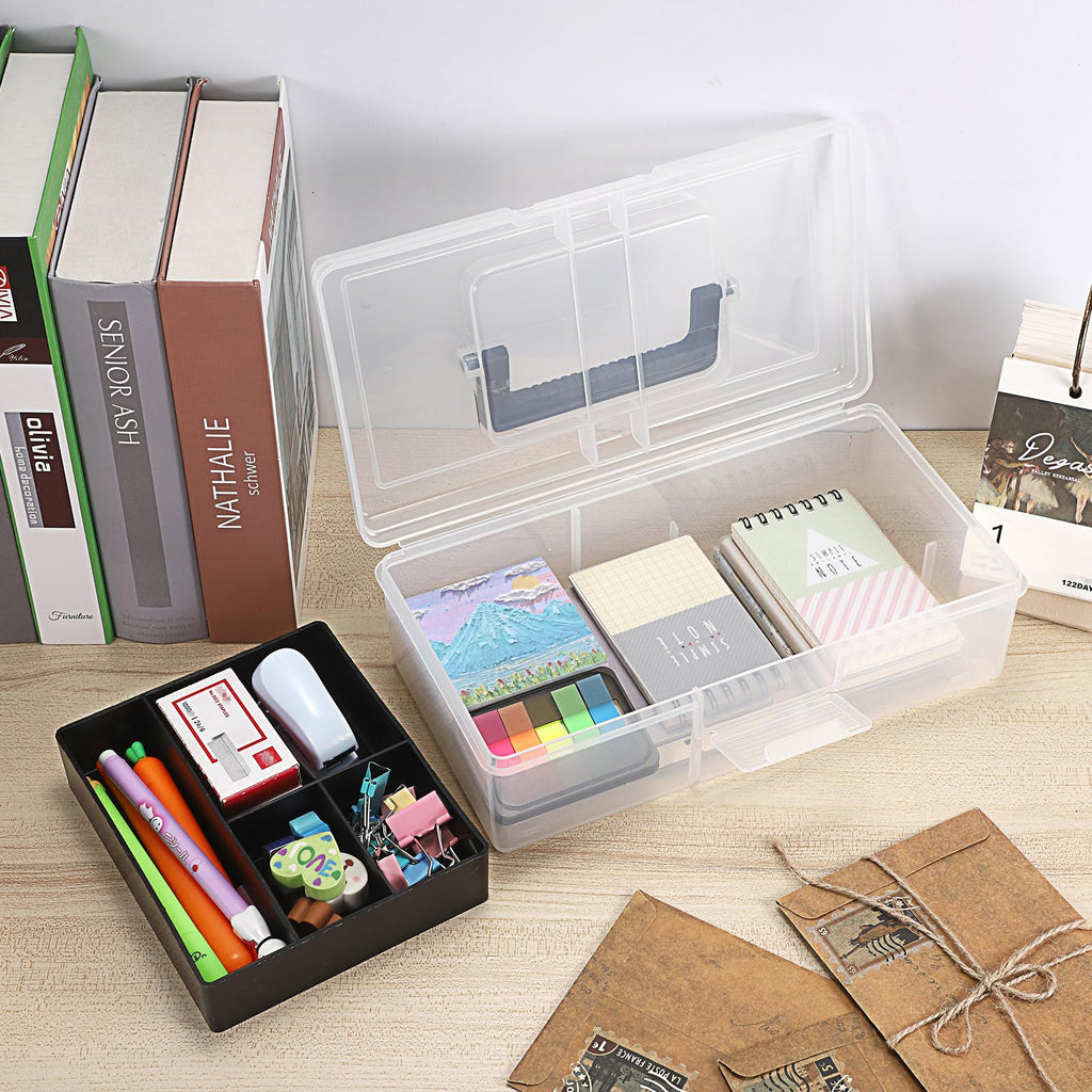 JUXYES Clear Art Craft Supply Storage Bin Sewing Box With Handle Lid